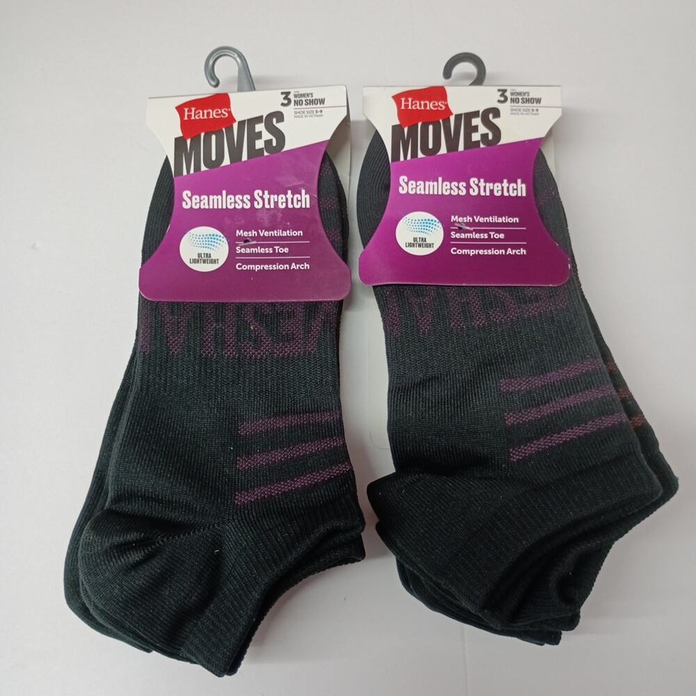 Hanes Moves No Show Socks 6 Pairs Women's Size 5-9 Black Seamless Stretch